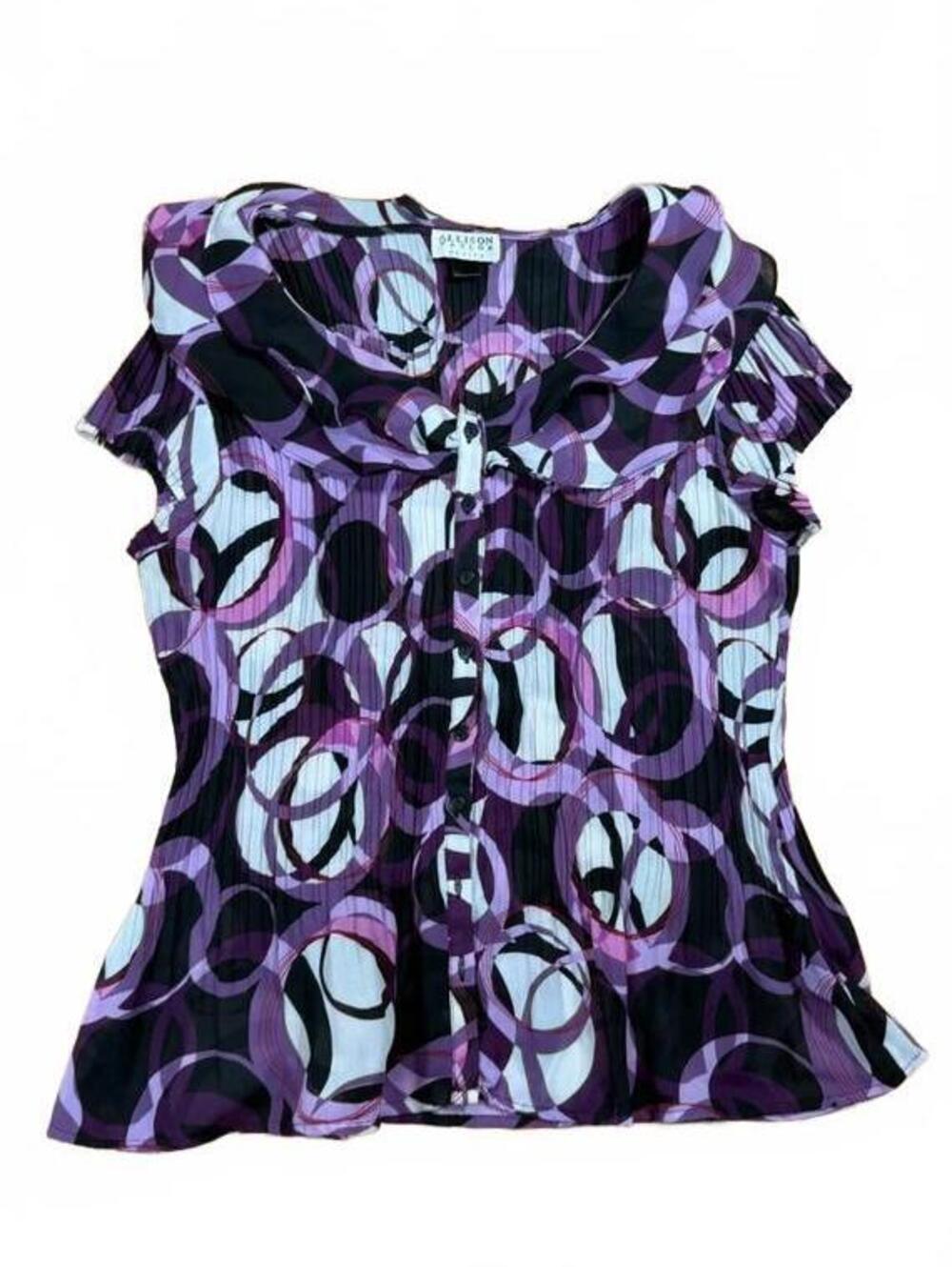 Allison Taylor Purple Black Ruffle Accordion Stretch Cap Sleeve Blouse Size S